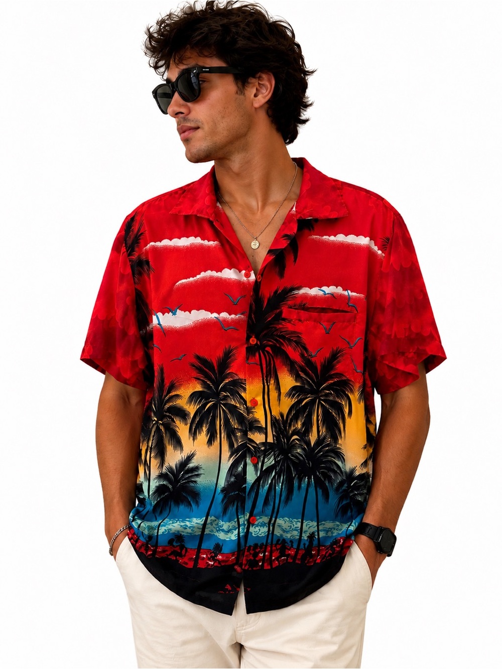 V.H.O. Men’s Large Hawaiian Tropical Palm Tree Button Down Shirt